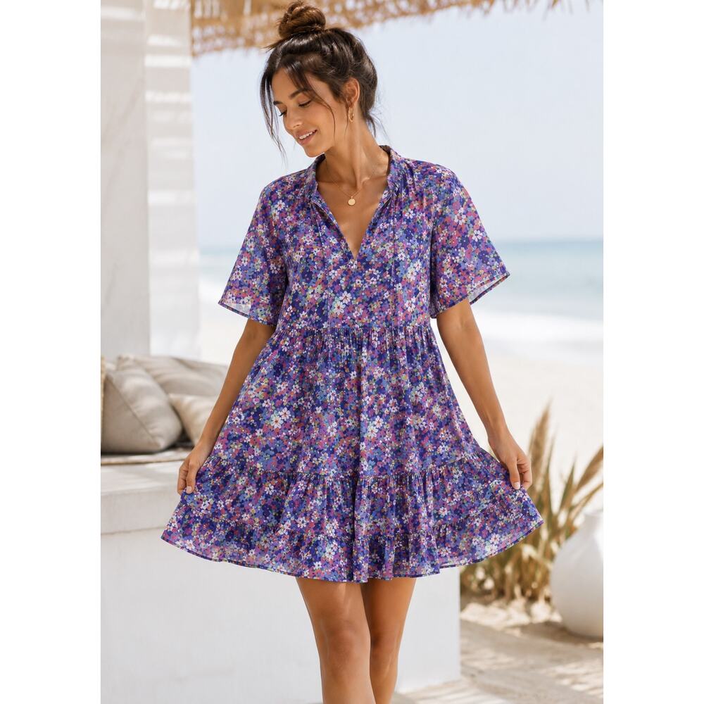 Summersalt Floral Tiered Mini Dress Large Purple Blue Beach Cover Up Boho